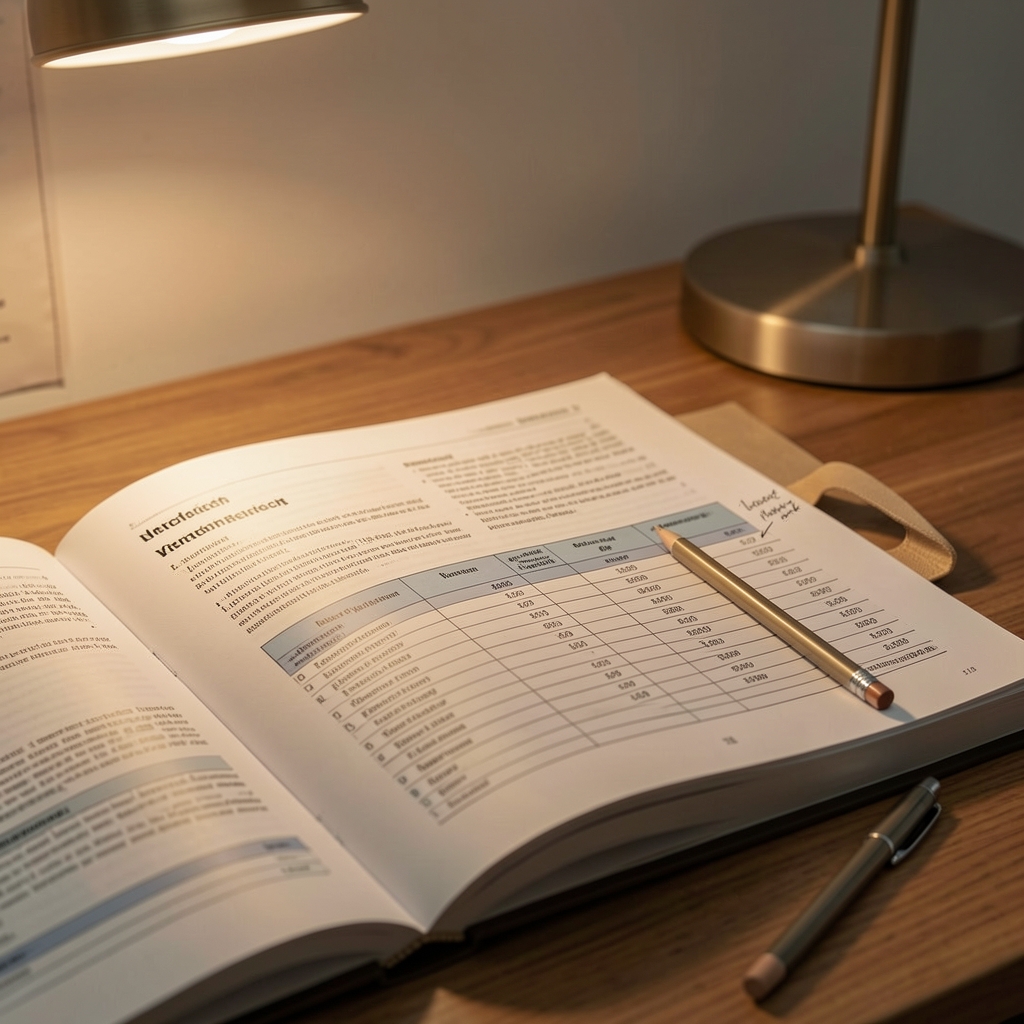 Close-up of an open nutritional research journal with printed tables and a pencil annotation in the margin, on a wooden desk with a warm desk lamp