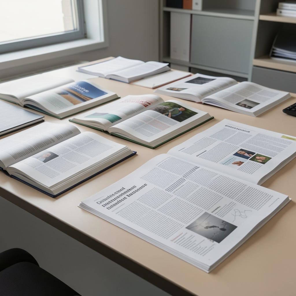 Open nutrition research textbooks and printed journal articles spread across a large editorial desk in clean workspace with controlled lighting