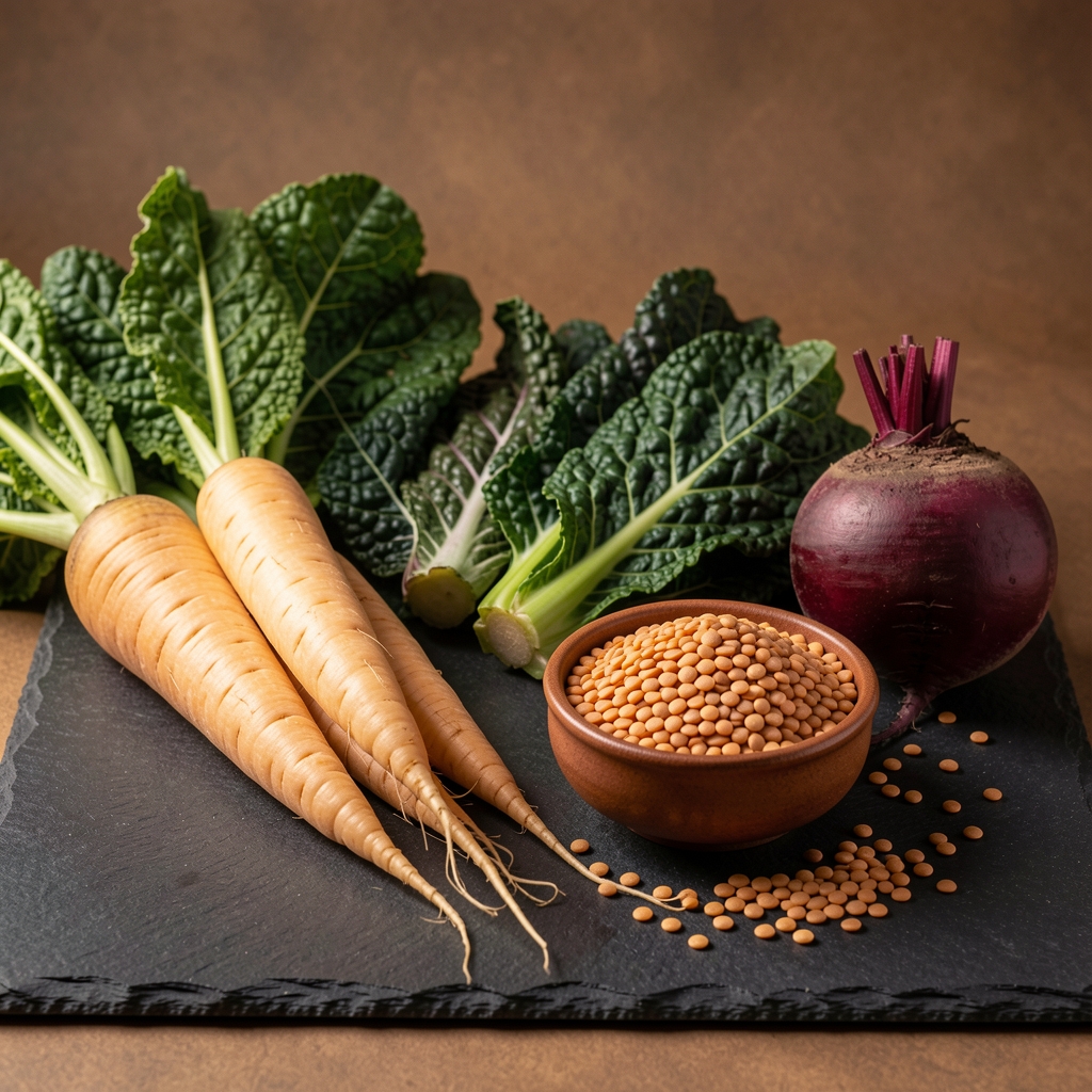 Selection of seasonal autumn produce arranged on a dark slate surface — parsnips, kale, beetroot, and dried lentils in small ceramic bowls under warm studio lighting